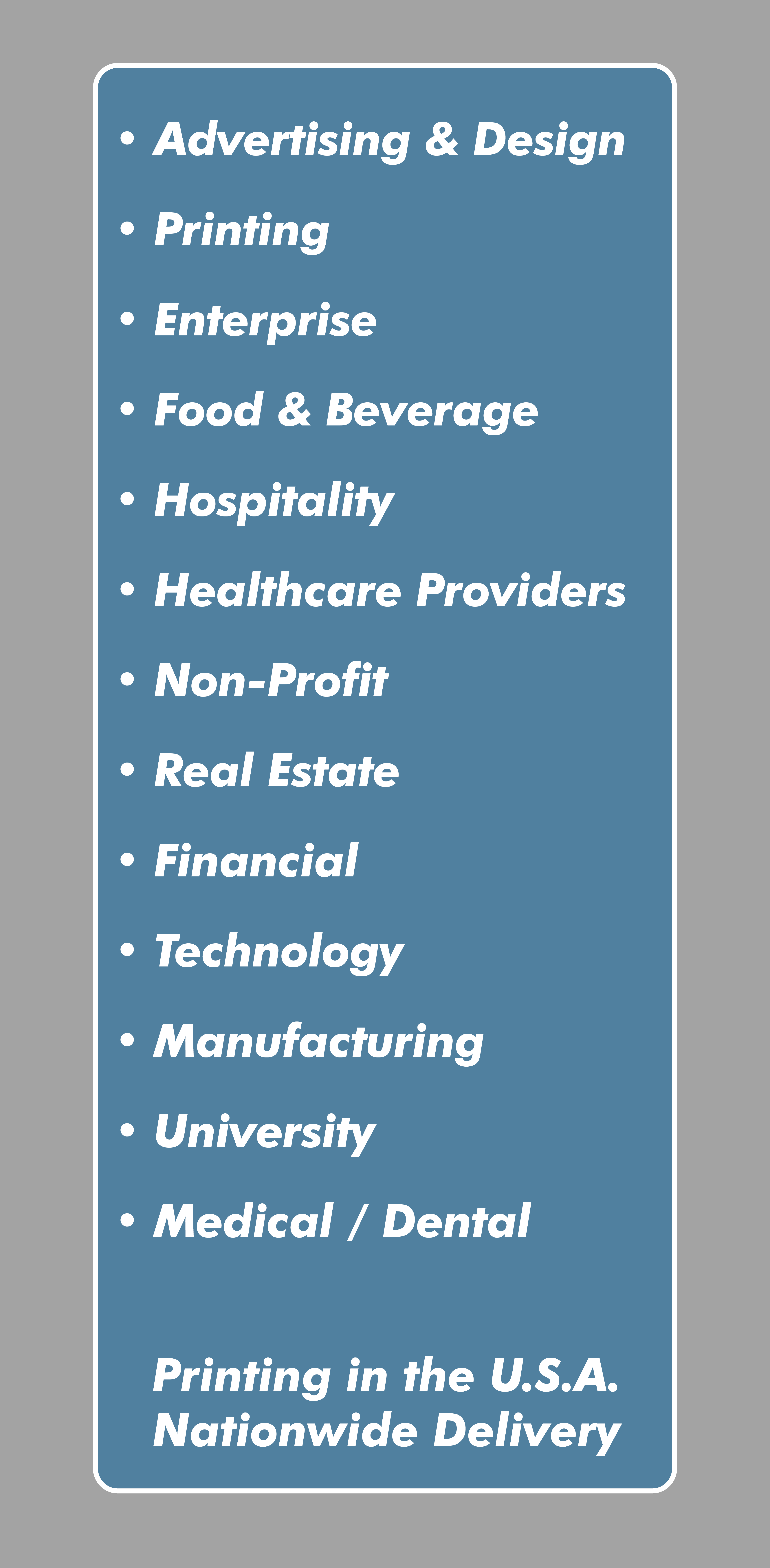 List of industries and services offered.